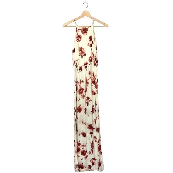 Lush Red Floral Ivory High Neck Long Maxi Dress With Side Slit S - Picture 2 of 6